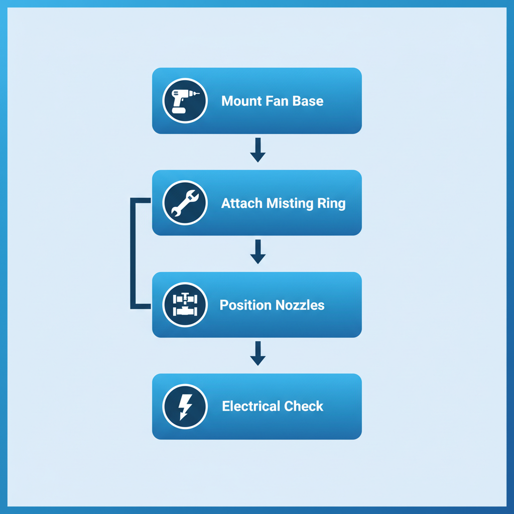 Vertical process flow diagram illustrating five steps for installing misting fan components: mounting base with drill, attaching ring with wrench, positioning nozzles with tool, connecting hoses with pipe, and electrical safety check with lightning bolt.