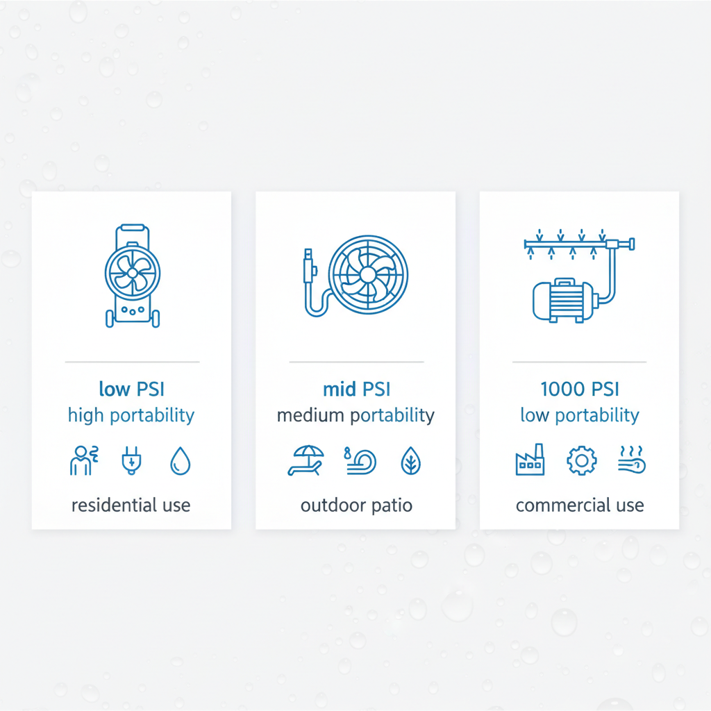 Infographic illustrating comparison of portable, patio, and high-pressure misting fan technologies with icons and key features