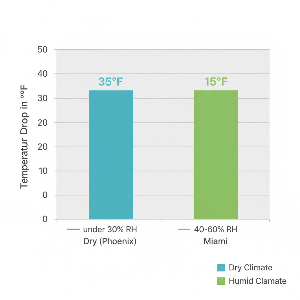Bar chart comparing temperature drop effectiveness of misting fans in dry and humid climates