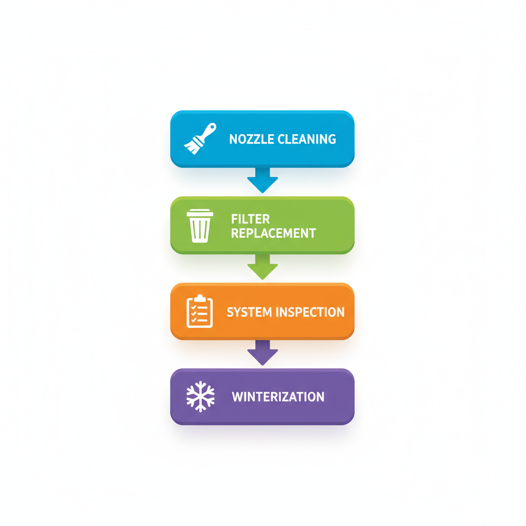 Vertical process flow diagram illustrating maintenance steps for patio misting systems including nozzle cleaning, filter replacement, system inspection, and winterization.