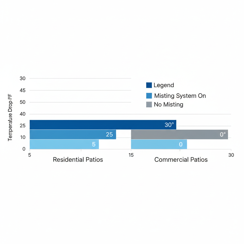 Horizontal bar chart illustrating temperature reduction benefits of misting systems on residential and commercial patios