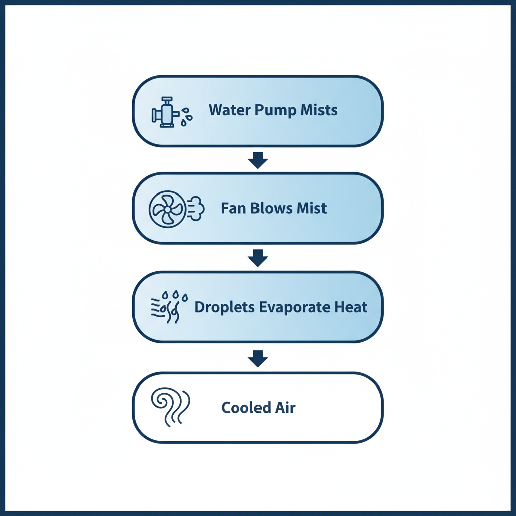 Vertical process flow diagram illustrating four stages of evaporative cooling in misting fans: water reservoir pump dispersing mist, fan blowing mist, droplets evaporating heat, and cooled air surrounding user.