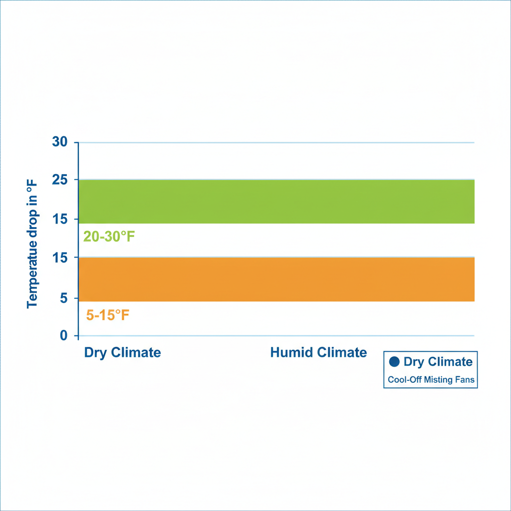 Horizontal bar chart showing temperature drop by climate type for misting fans: dry climates 20-30°F in green, humid 5-15°F in orange.