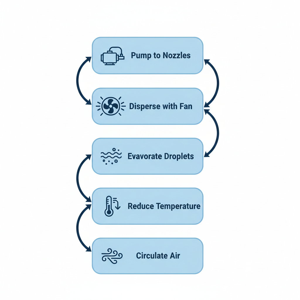 Vertical process flow diagram illustrating the five stages of evaporative cooling in misting systems