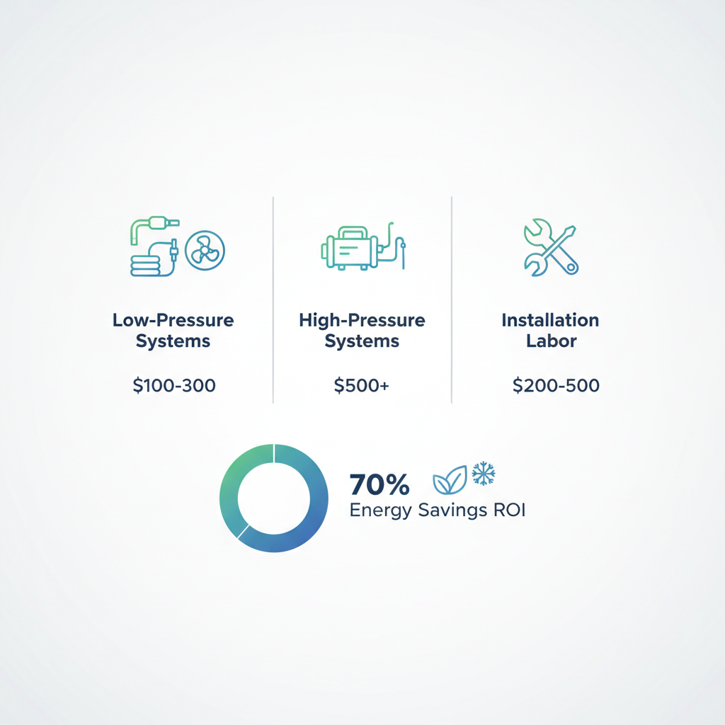 Infographic breaking down costs and value of residential misting systems with icons and metrics