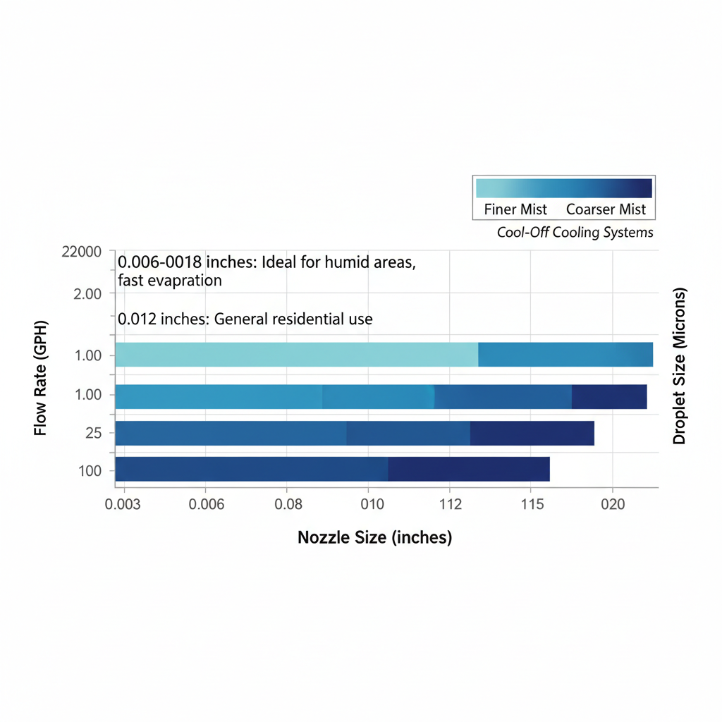 Horizontal bar chart of misting nozzle sizes, flow rates, and droplet sizes for optimal cooling performance.