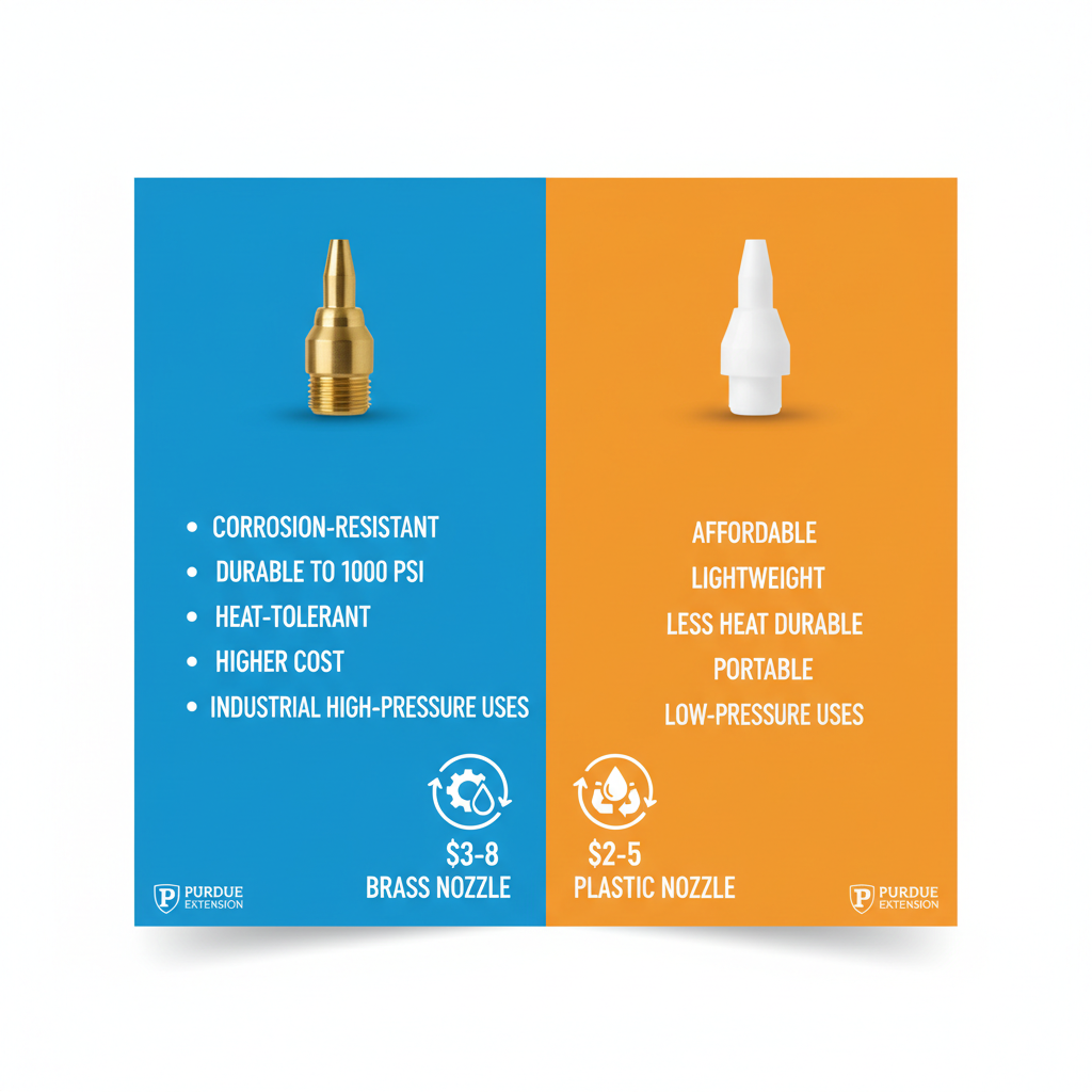 Infographic showing side-by-side comparison of brass and plastic misting nozzles including pros, cons, applications, and cost differences