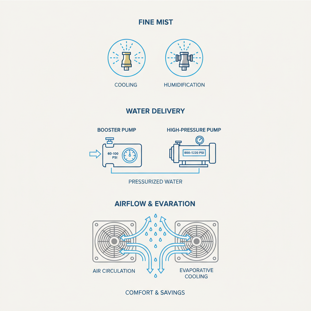 Infographic showing key components of a misting system.