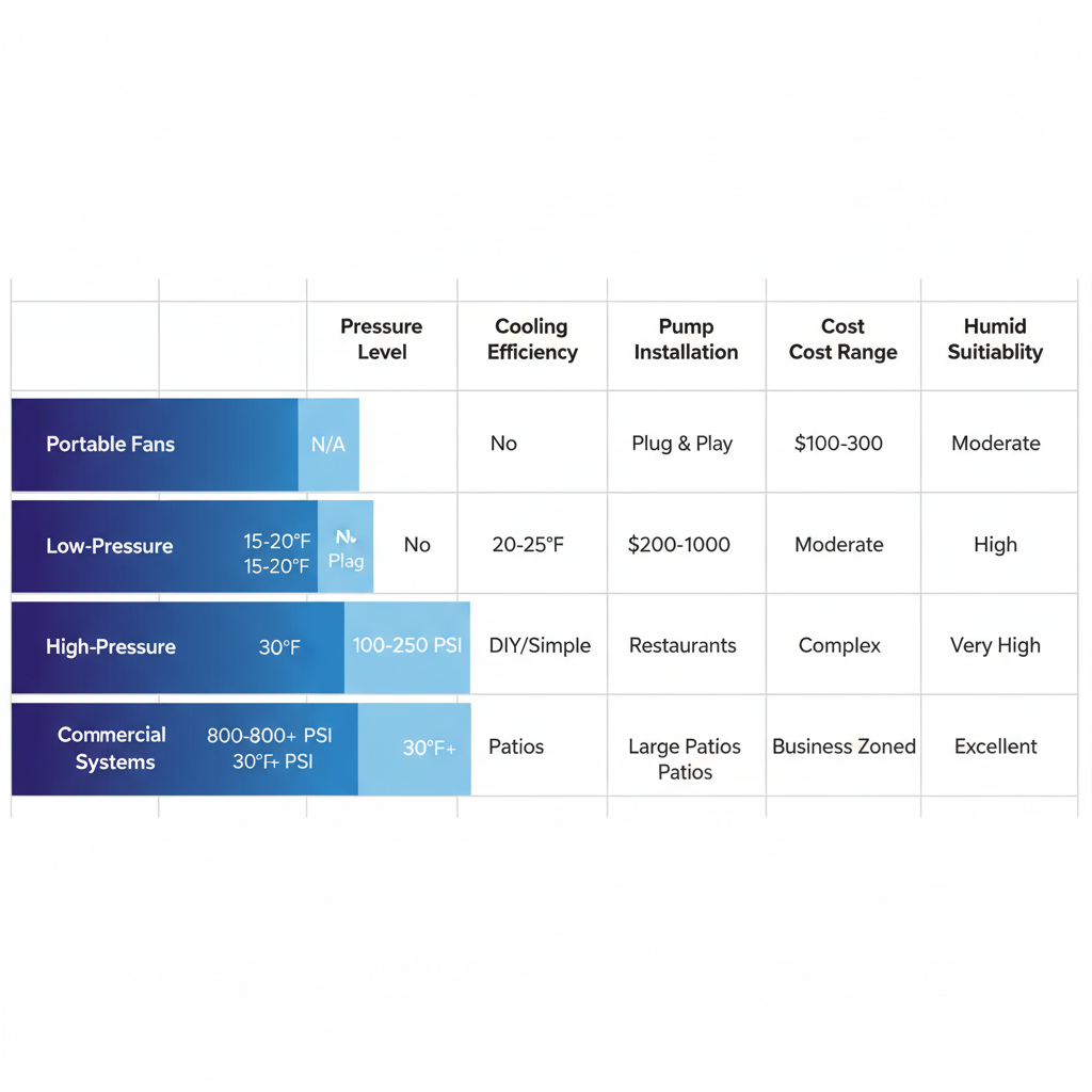 Horizontal bar chart illustrating key feature comparisons of various misting systems including pressure levels, cooling efficiency, and installation requirements