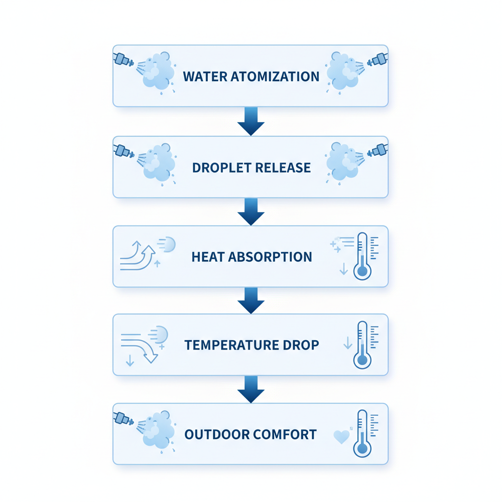 Vertical process flow diagram of evaporative cooling in misting systems with five stages