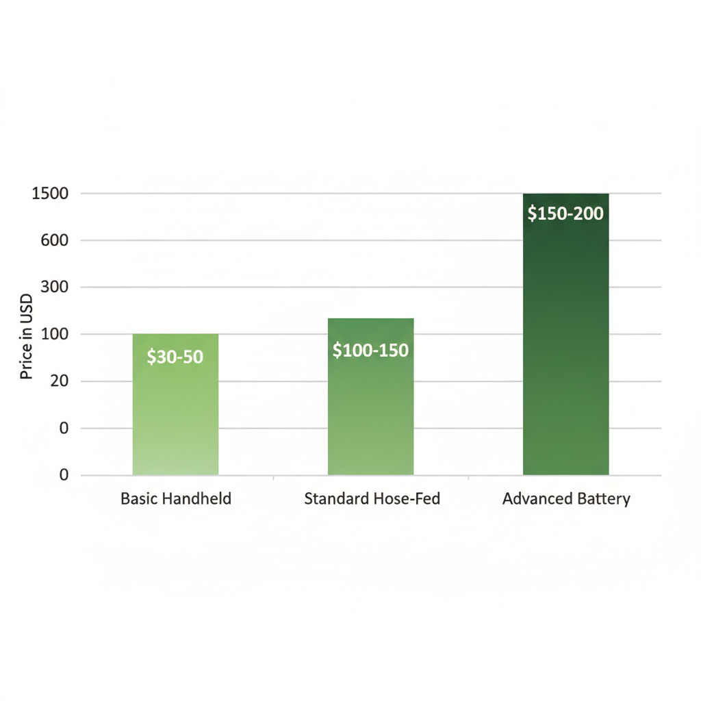 Bar chart showing price tiers for portable misting fans: basic handheld $30-50, standard hose-fed $100-150, advanced battery $150-200.