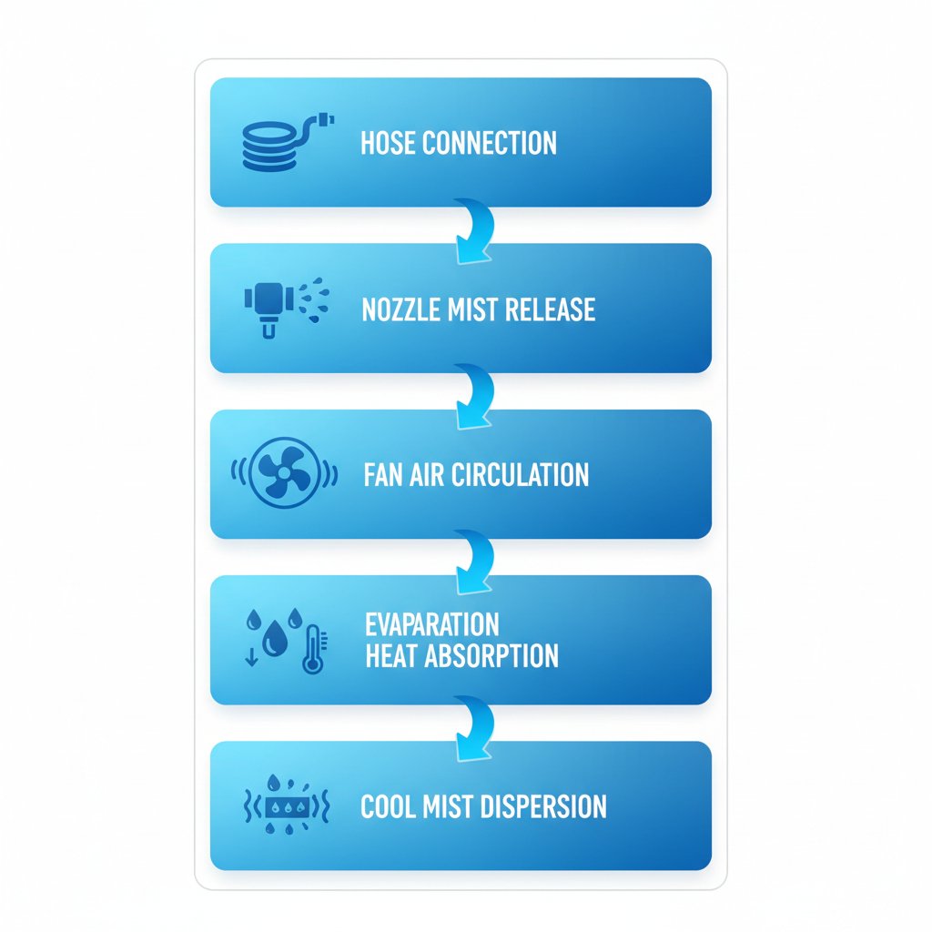 Vertical process flow diagram illustrating evaporative cooling steps for portable misting fans on patios, featuring hose connection, mist release, fan circulation, heat absorption, and mist dispersion with icons.