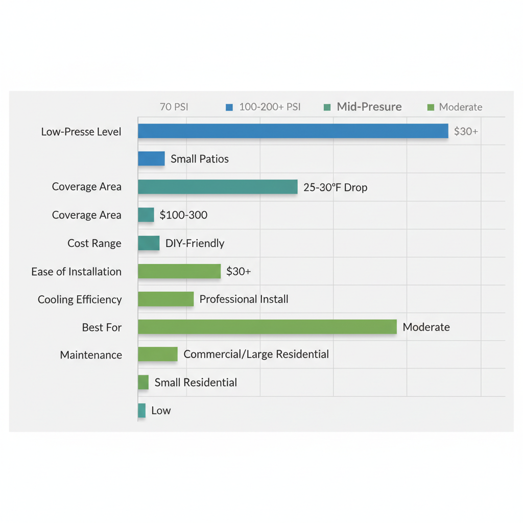 Horizontal bar chart comparing low-pressure and mid-pressure patio misting systems by pressure, coverage, cost, installation, efficiency, suitability, and maintenance.