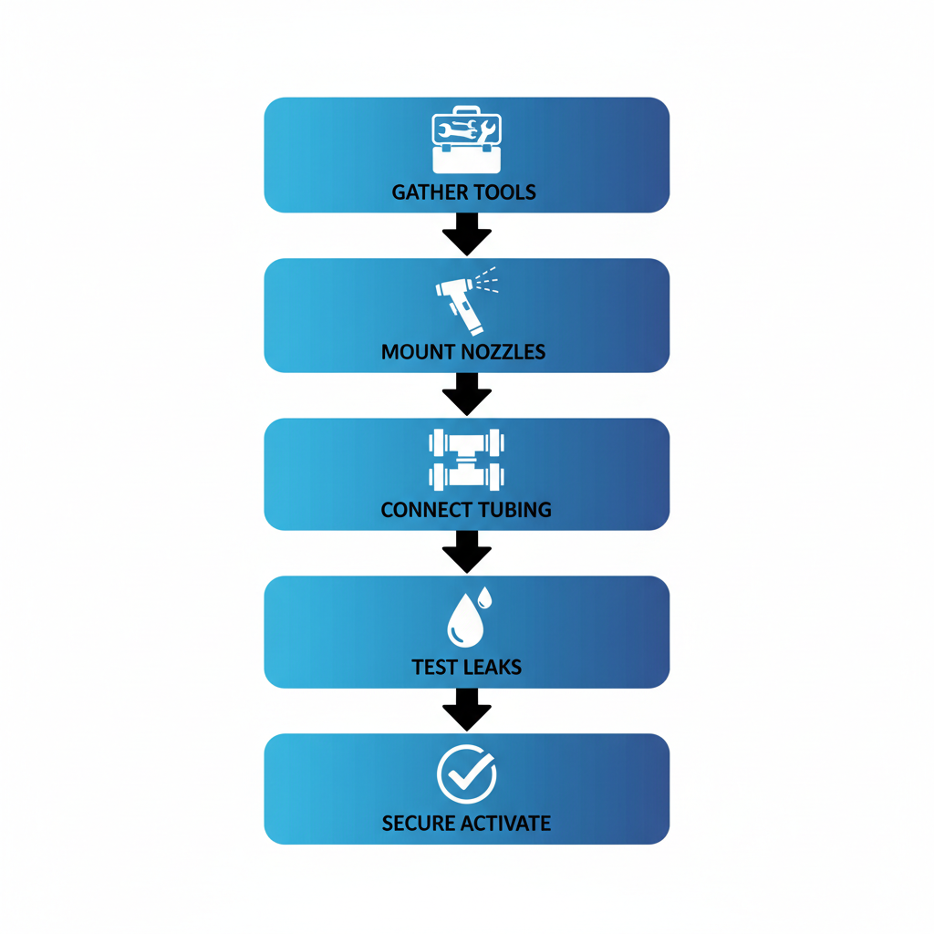 Vertical process flow diagram illustrating the five-step DIY installation of a patio misting system, including tools, mounting, connection, testing, and activation.