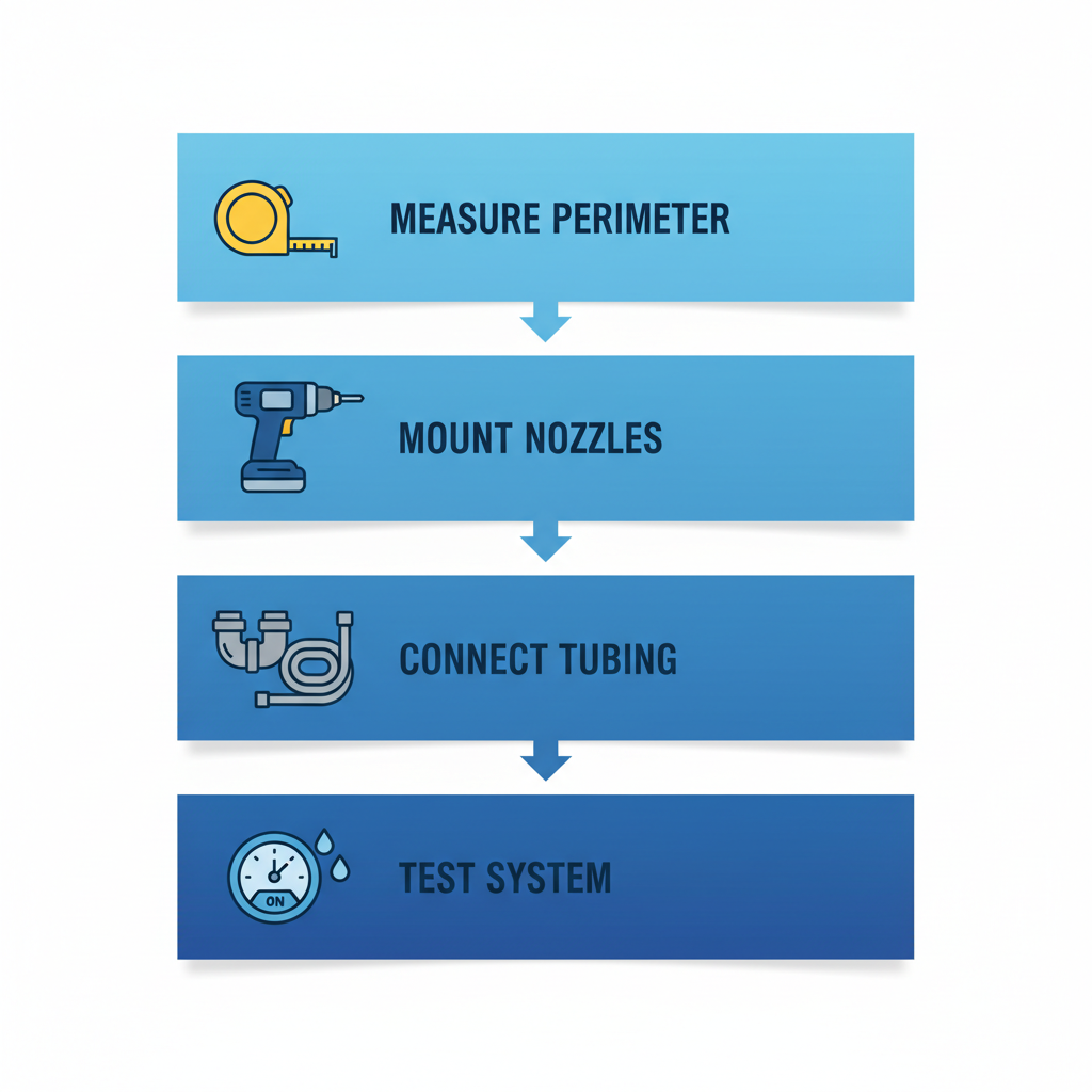 Vertical process flow diagram illustrating DIY installation steps for a patio misting system with icons for measuring, mounting, connecting, and testing.