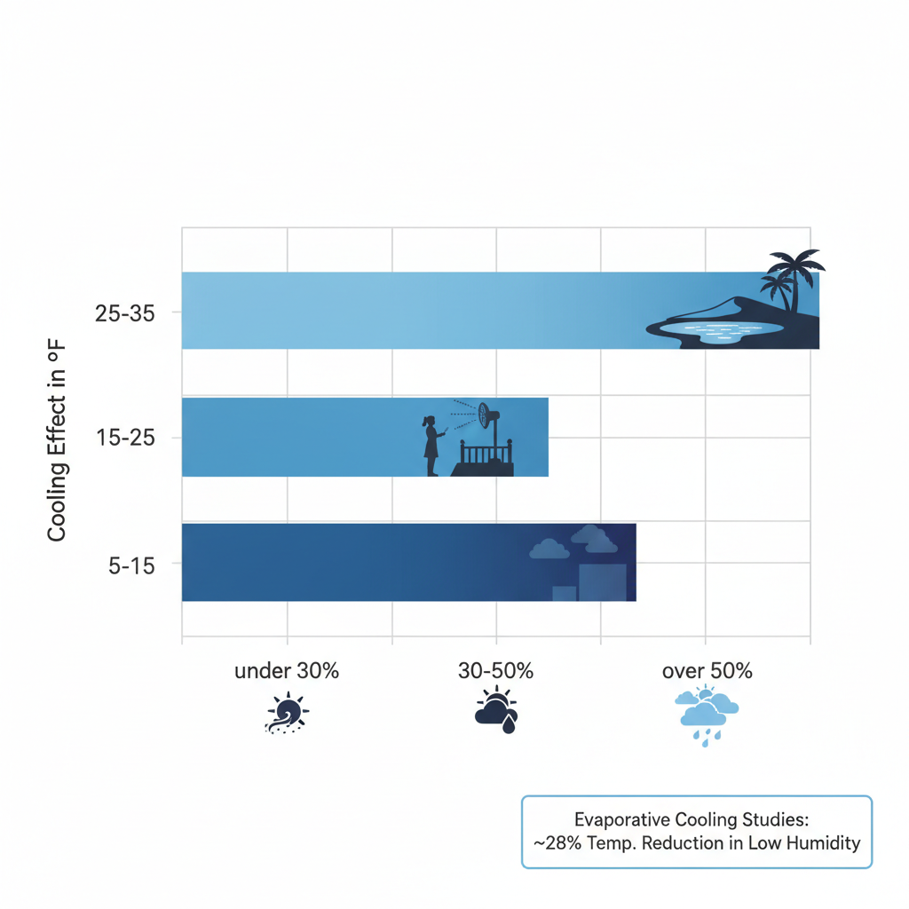Horizontal bar chart showing temperature reduction by misting systems across different humidity levels in hot dry climates