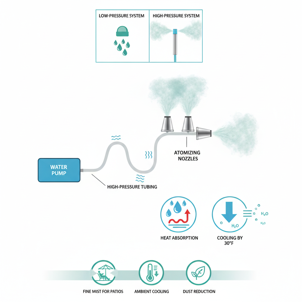 Infographic explaining misting technology components and evaporative cooling process for patios.
