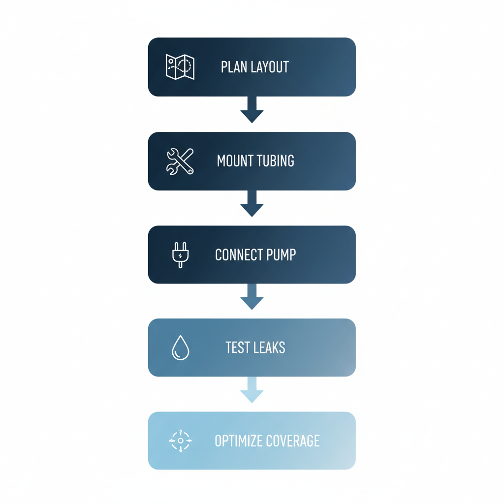 Vertical process flow diagram showing five steps to install a patio misting system: plan layout, mount tubing and nozzles, connect pump or hose, test for leaks, and optimize coverage.