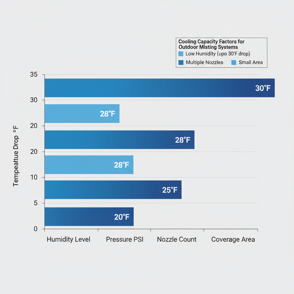 Horizontal bar chart illustrating key factors for maximizing temperature drop in outdoor misting systems