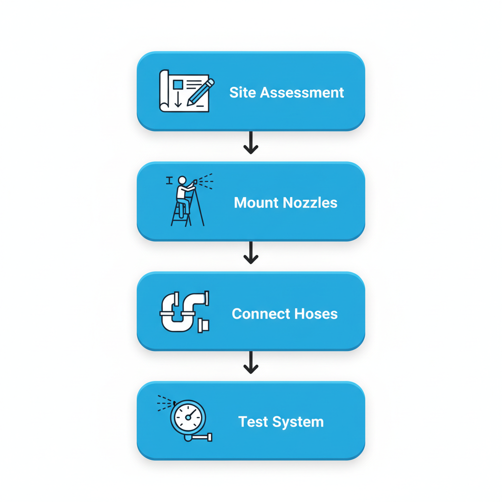 Vertical process flow diagram illustrating the four main steps for installing an outdoor misting system, from site assessment to testing.