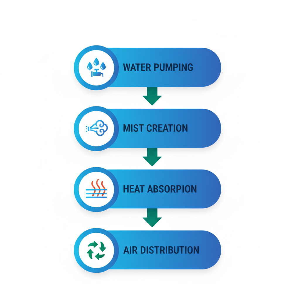 Vertical process flow illustrating evaporative cooling in misting fans with icons and labels