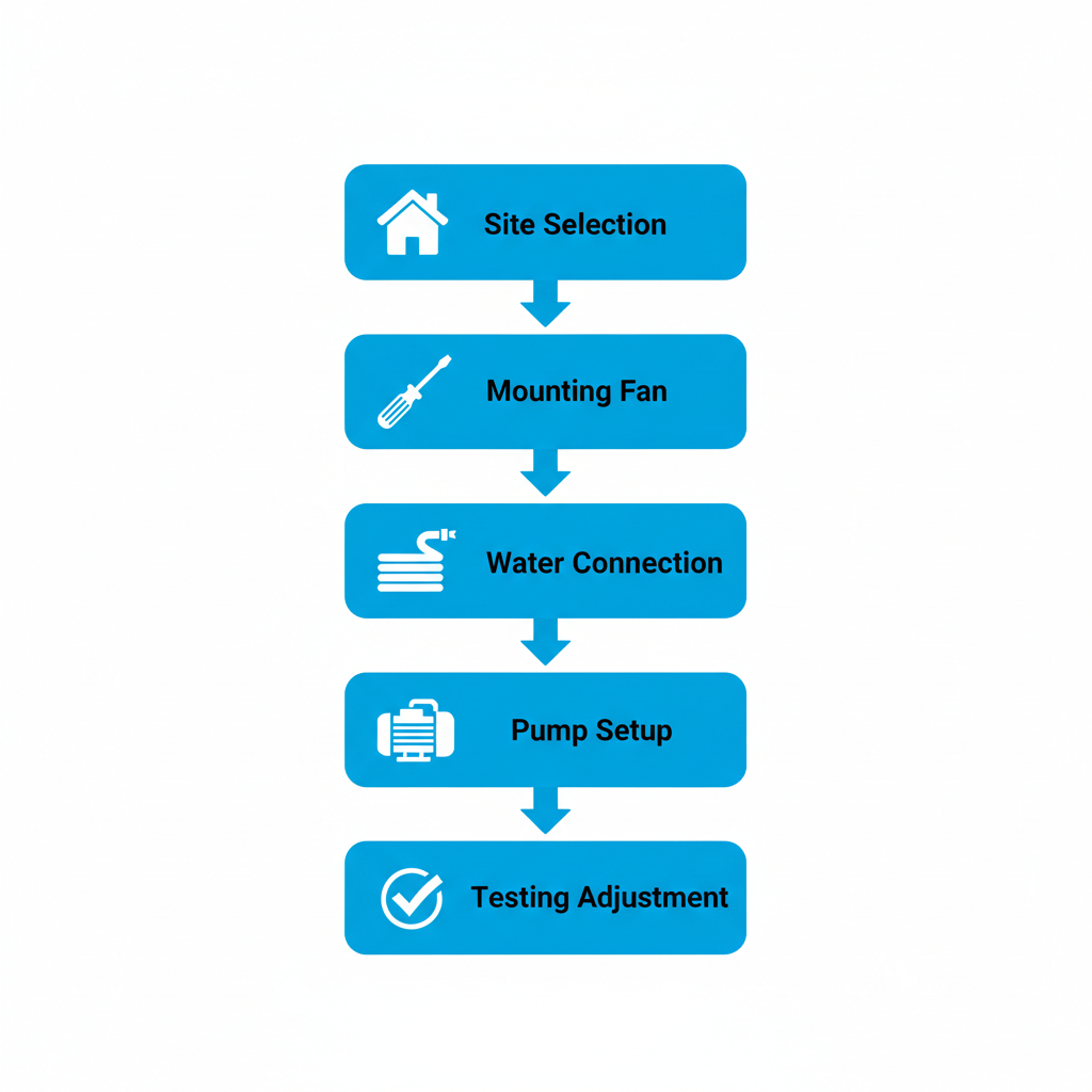 Vertical process flow illustrating five steps for installing an outdoor misting fan with icons.