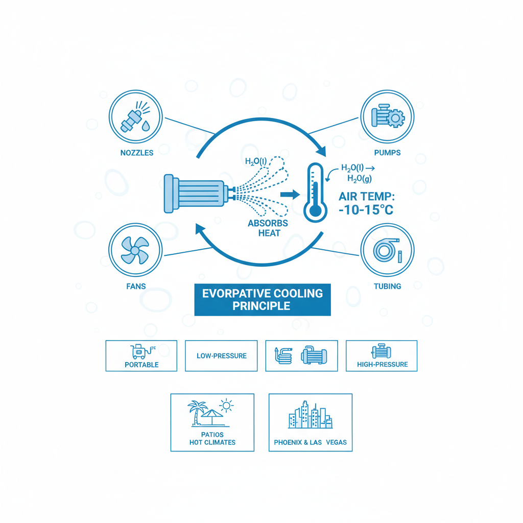 Infographic illustrating evaporative cooling principles and components of outdoor misting systems