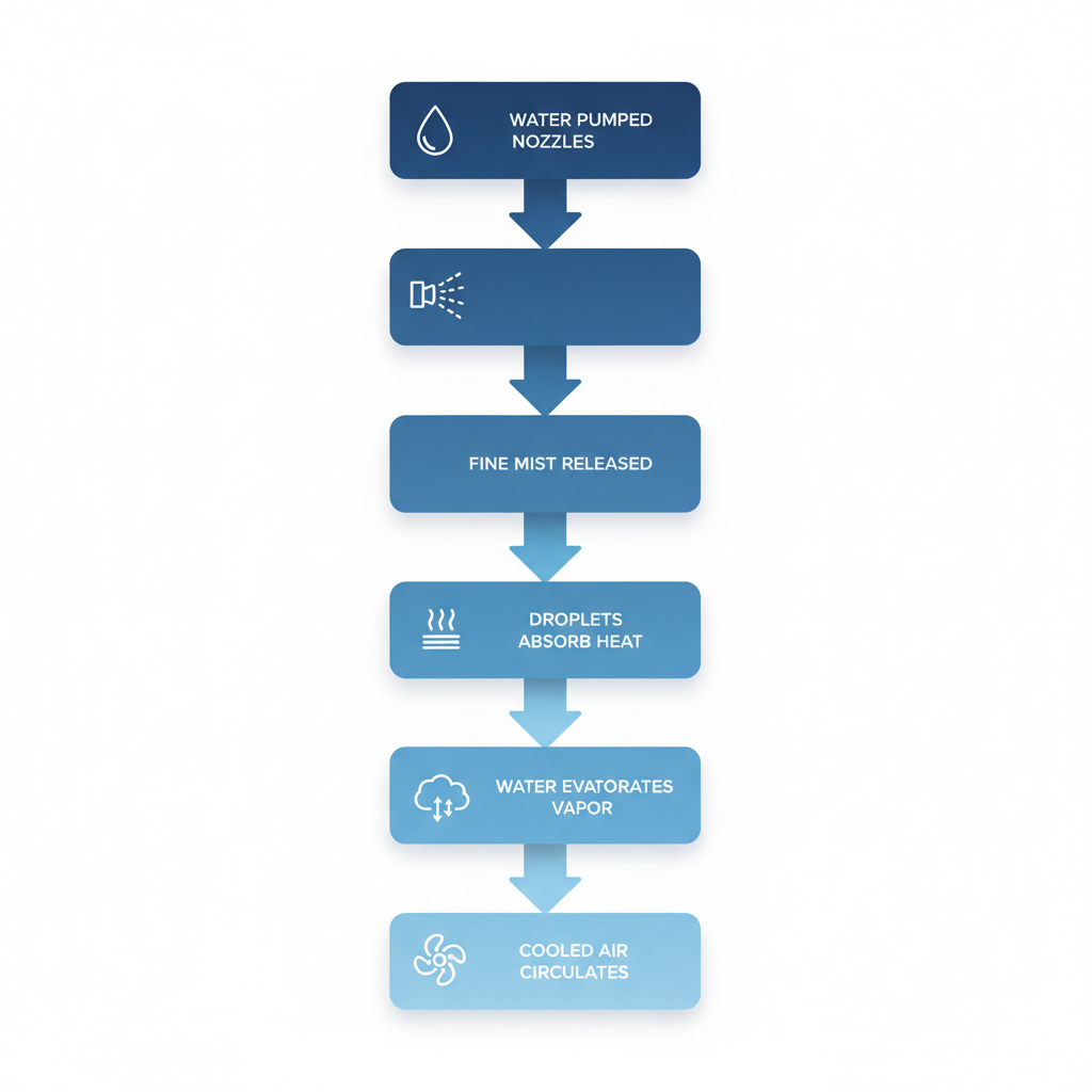 Vertical process flow diagram illustrating five stages of evaporative cooling in patio misters with icons and blue gradient rectangles
