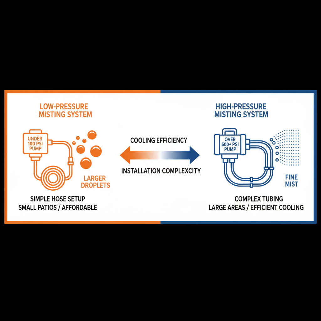 Infographic comparing low-pressure and high-pressure misting systems for patios