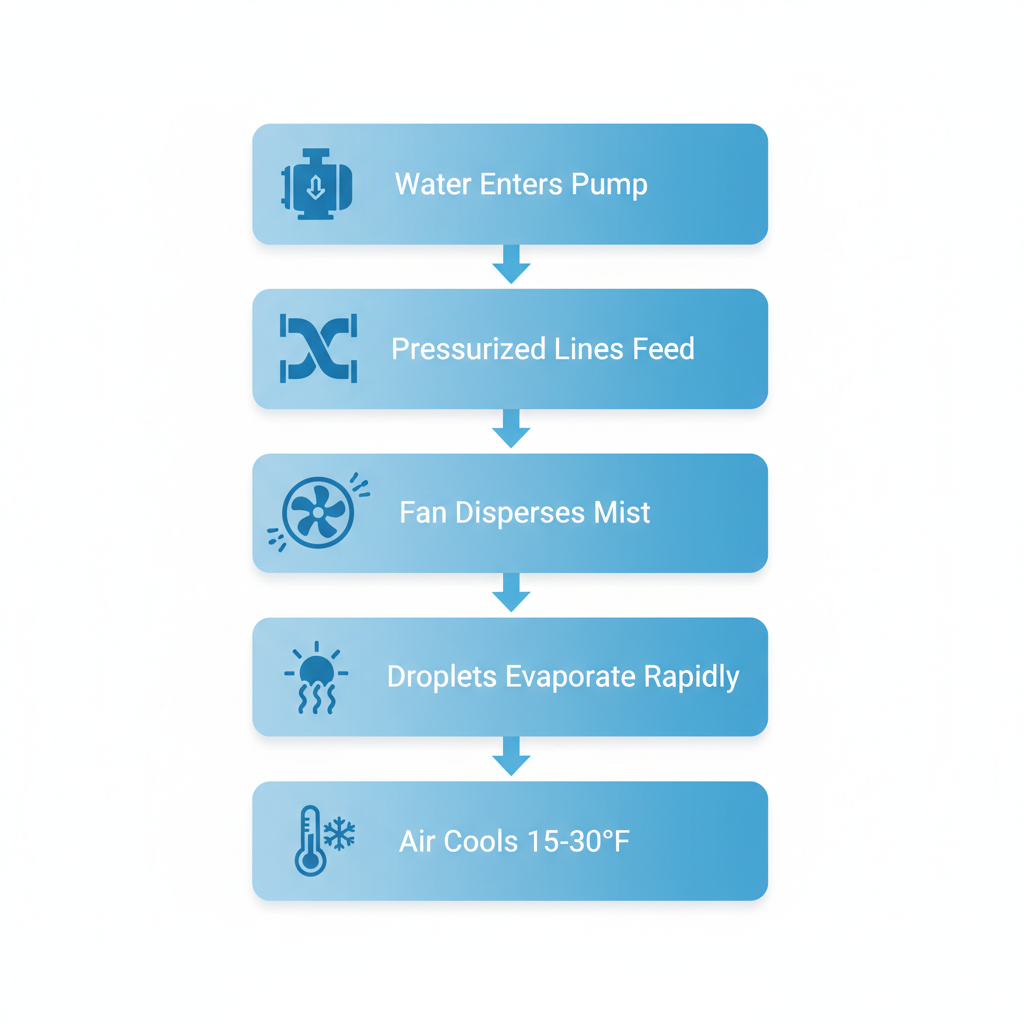 Vertical process flow diagram of misting fan evaporative cooling mechanism with five stages