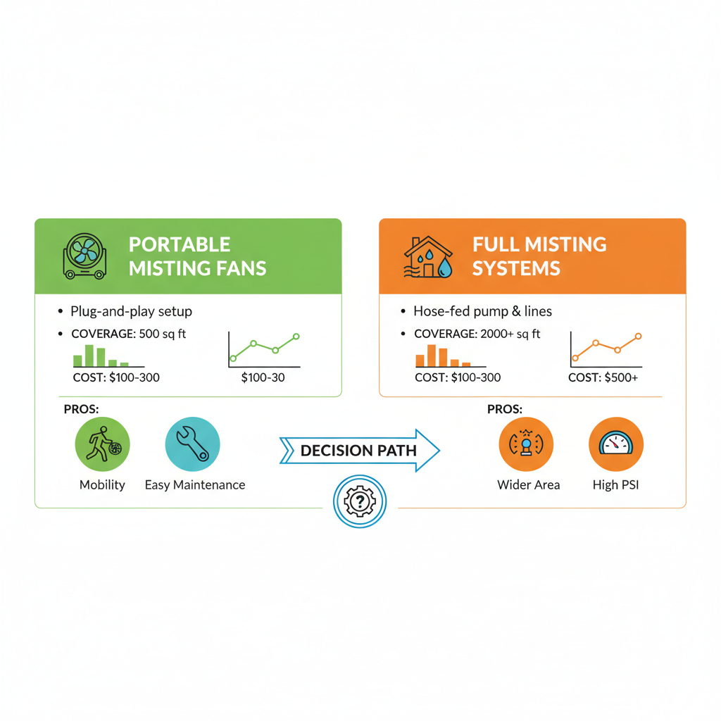 Infographic comparing features of portable misting fans and full misting systems for outdoor cooling solutions