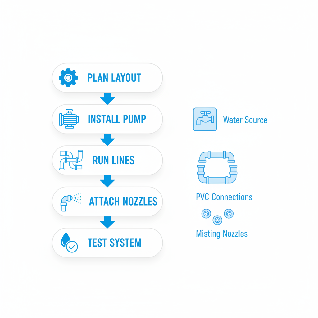 Vertical process flow diagram illustrating the five key steps for installing a patio misting system with icons and minimal labels.
