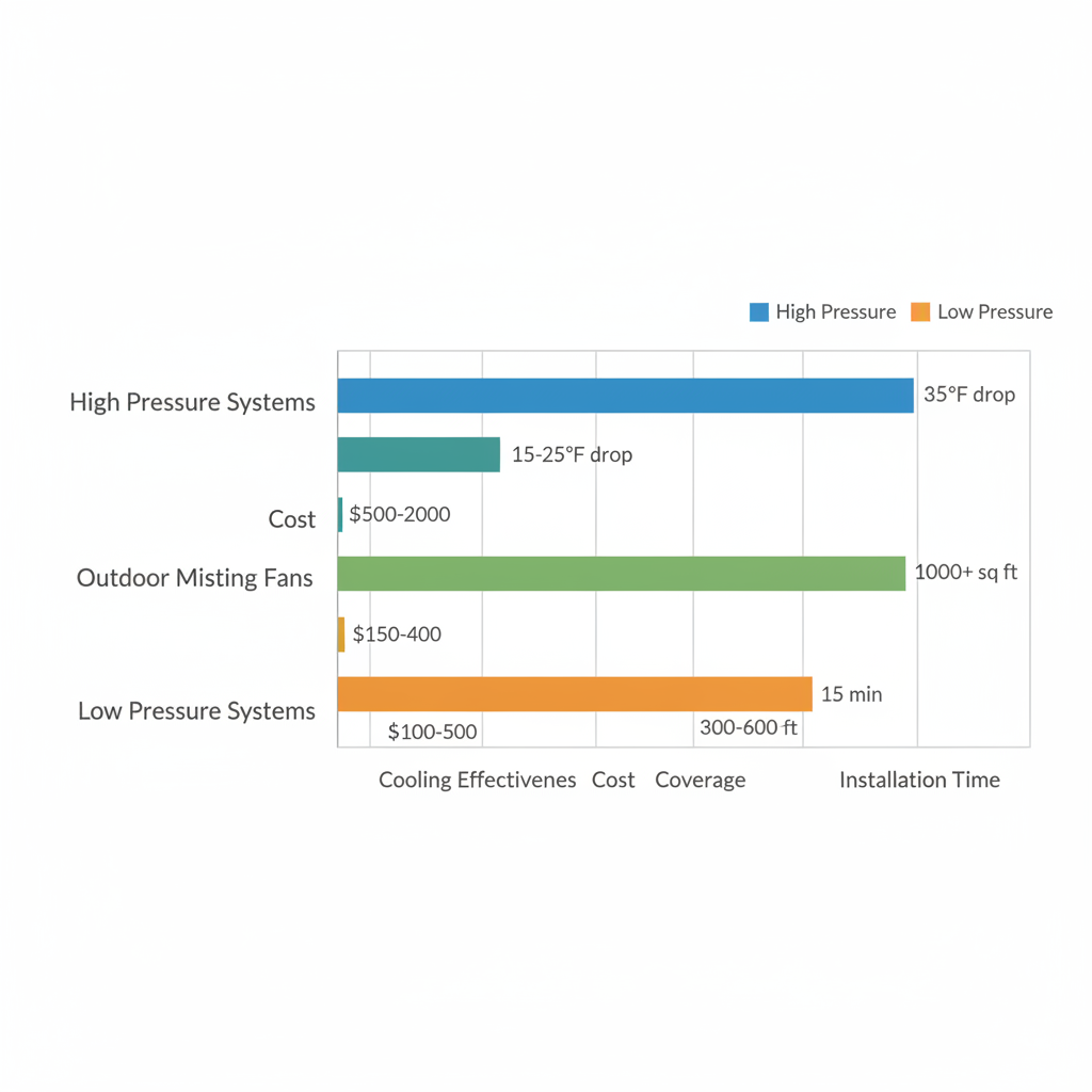 Horizontal bar chart comparing high pressure systems, outdoor misting fans, and low pressure systems for patio cooling on effectiveness, cost, coverage, and installation time.