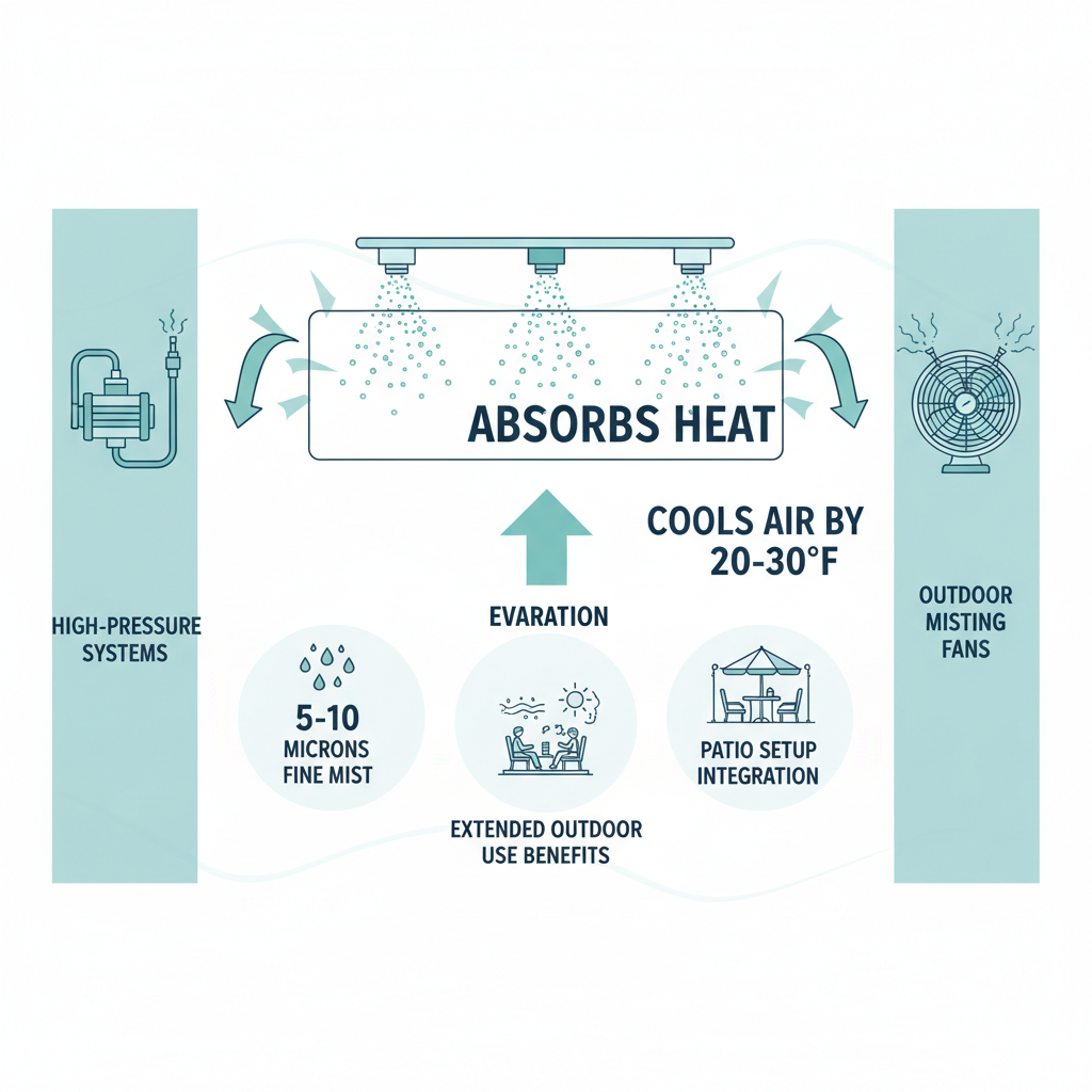 Infographic illustrating patio misting systems, showing evaporative cooling process with mist droplets, patio integration, and system benefits.