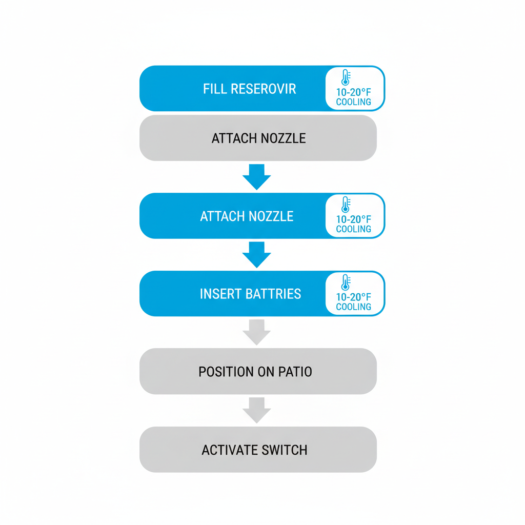 Vertical process flow diagram showing five steps to set up a portable misting fan for cooling.