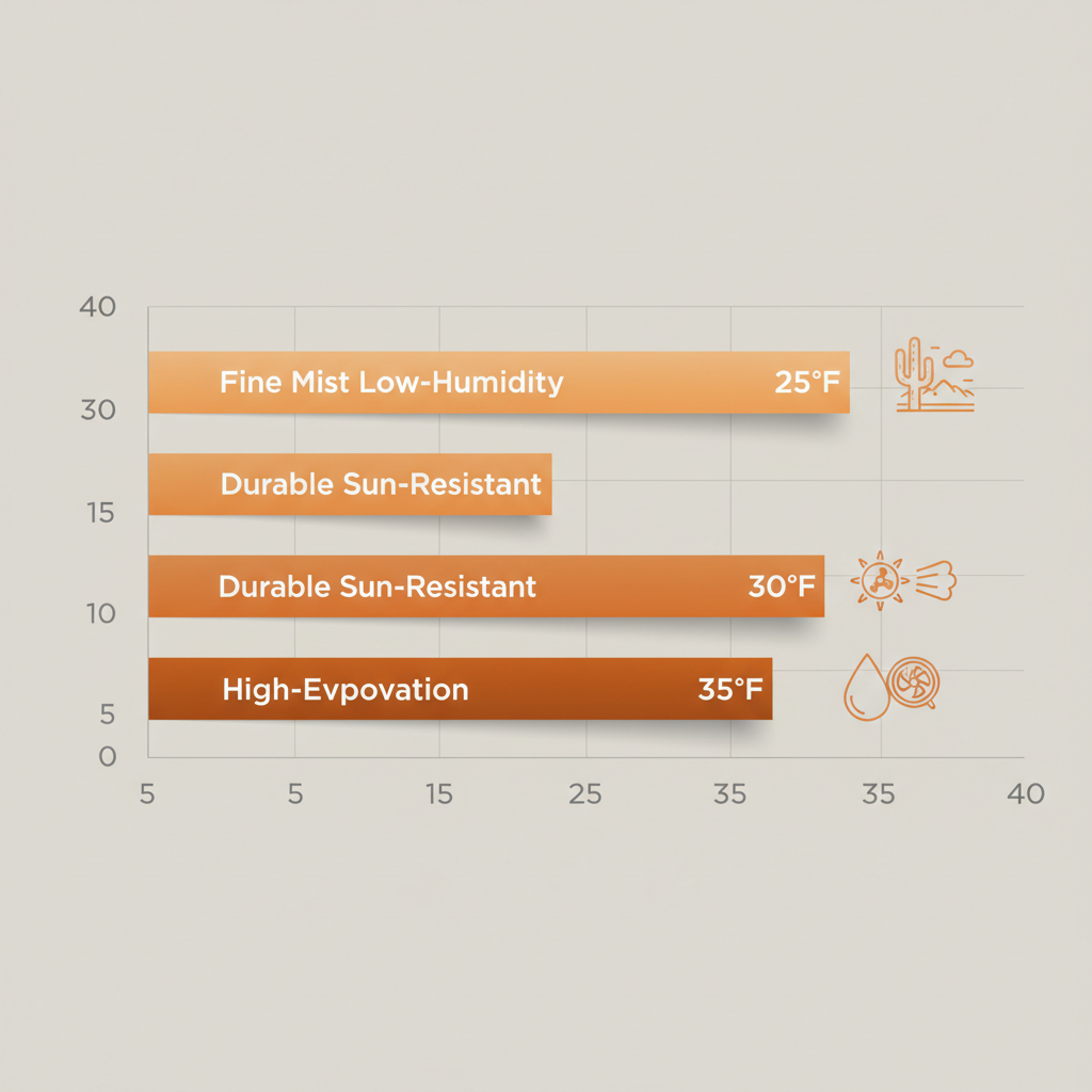 Horizontal bar chart comparing temperature reductions by different misting fan types in desert heat, with desert icons and mist sprays.