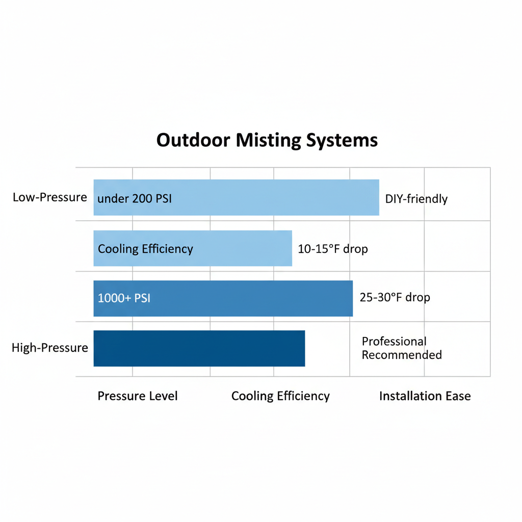 Bar chart comparing features of low-pressure and high-pressure outdoor misting systems including pressure, cooling efficiency, and installation ease.