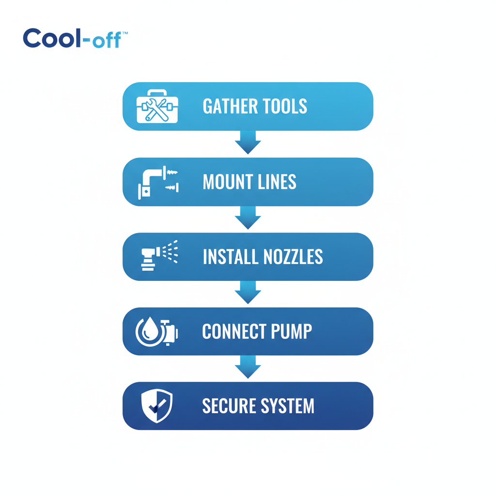Vertical process flow diagram illustrating the five-step DIY installation of patio misting systems with icons for tools, mounting, nozzles, pump connection, and activation.