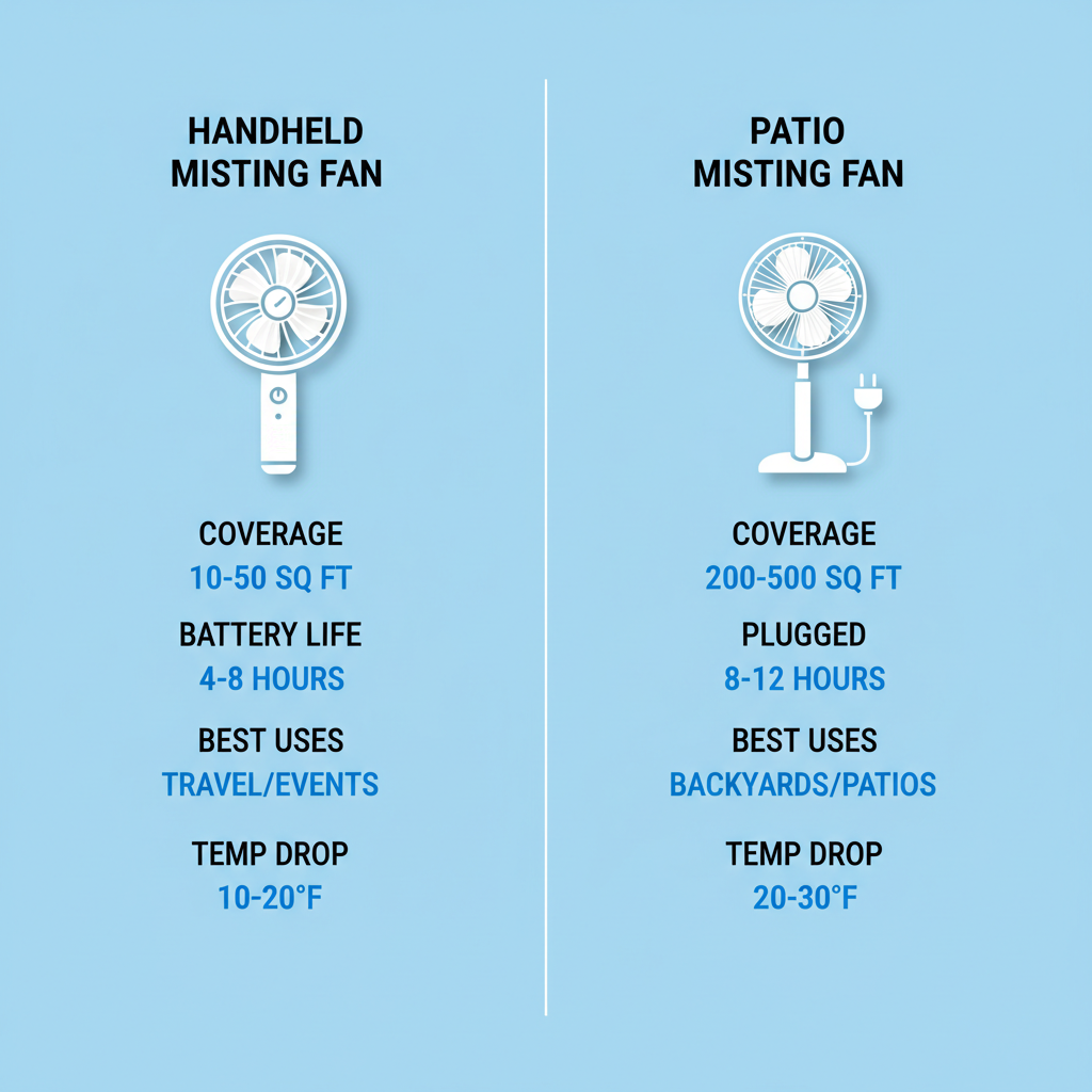 Infographic comparing handheld and patio misting fans: coverage, battery life, uses, and temperature drop.
