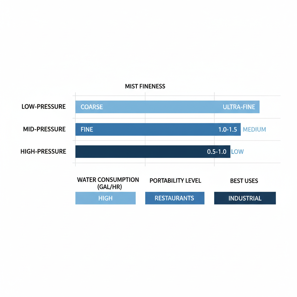 Horizontal bar chart comparing attributes of low, mid, and high-pressure misting fans including fineness, consumption, portability, and uses.