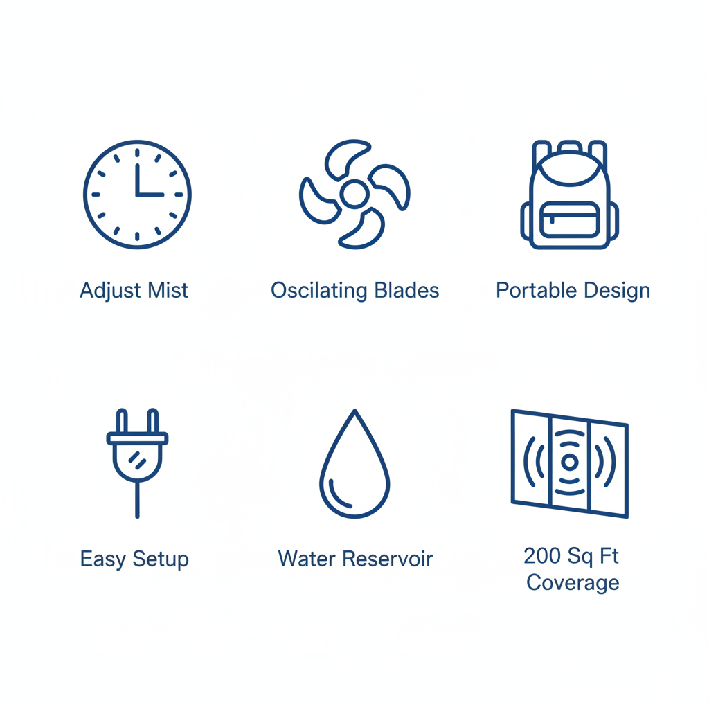Grid of six icons showing features of portable misting fans: adjustable mist, oscillating blades, portable design, easy setup, water reservoir, and 200 sq ft coverage.