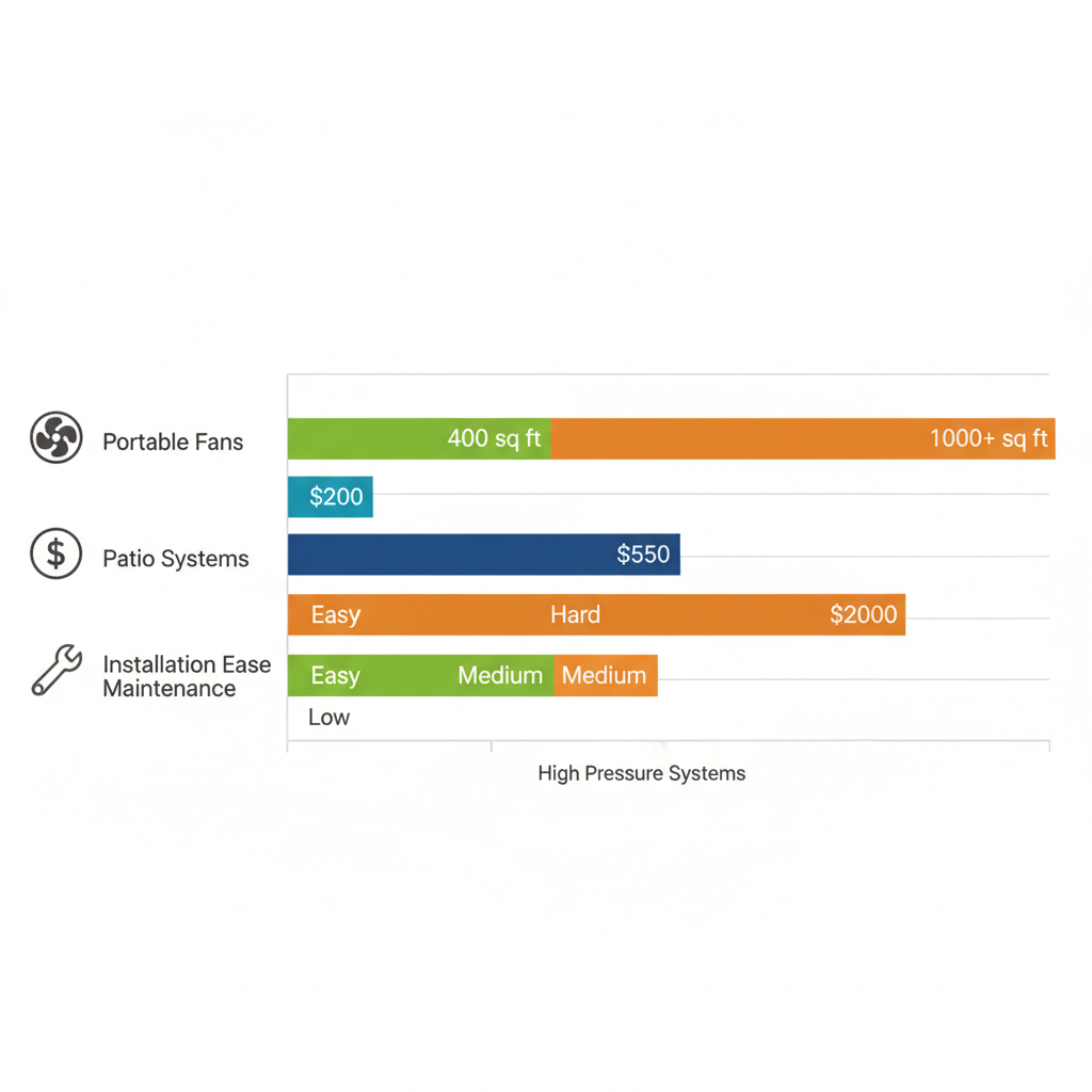 Bar chart comparing coverage, cost, installation ease, and maintenance of portable, patio, and high-pressure outdoor misting systems