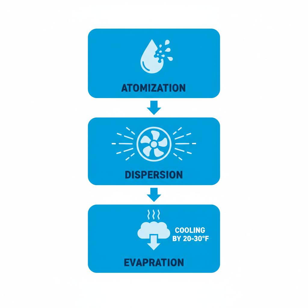 Vertical diagram illustrating evaporative cooling process in portable misting fans with three stages: atomization, dispersion, and evaporation.