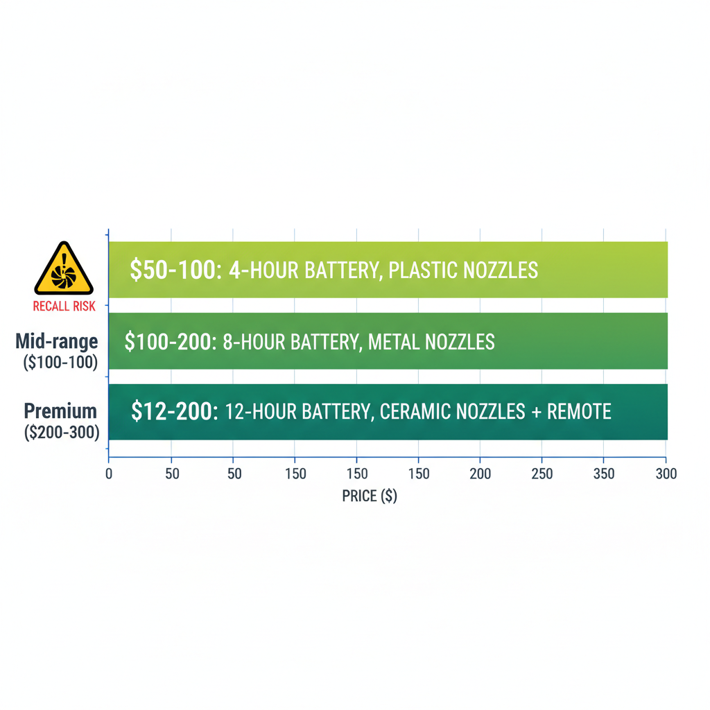 Horizontal bar chart displaying pricing tiers for portable misting fans with safety note on budget models