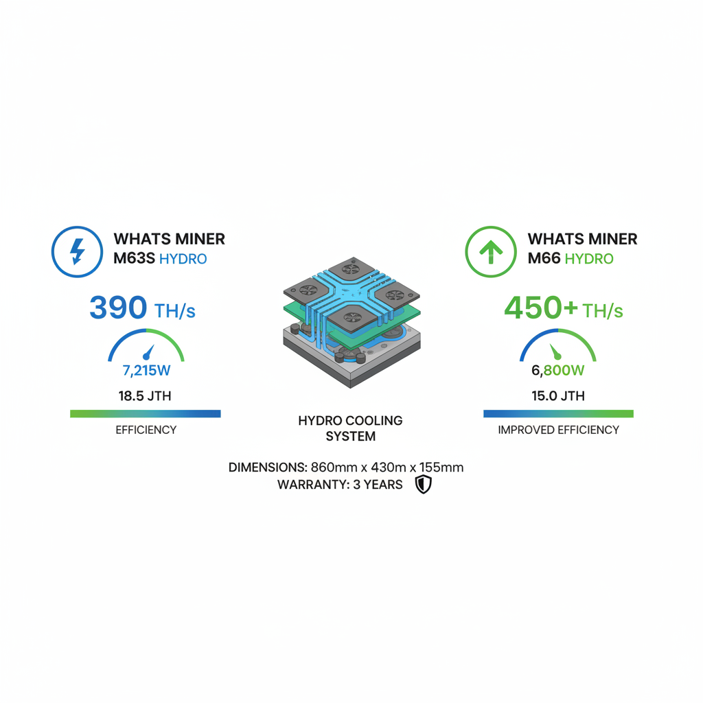 Infographic comparing specifications of WhatsMiner M63S Hydro and M66 Hydro models including hashrate, power consumption, efficiency, and shared hydro cooling features.