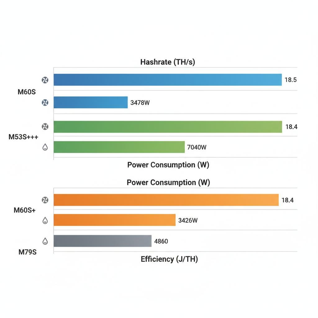 Bar chart comparing hashrate, power, and efficiency of WhatsMiner models M60S, M53S++, M60S+, and M79S