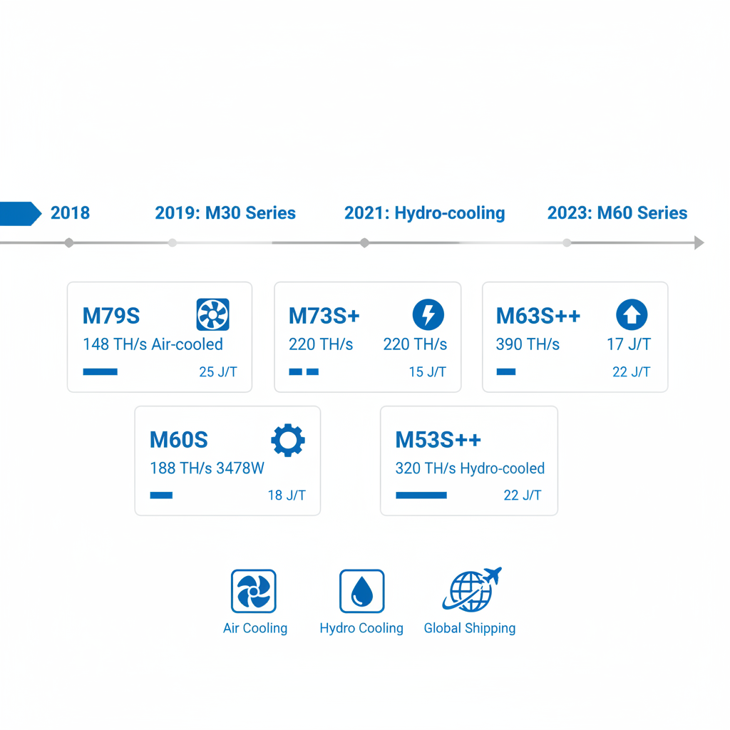 Infographic showing MicroBT WhatsMiner brand history timeline, model specifications grid, and engineering feature icons