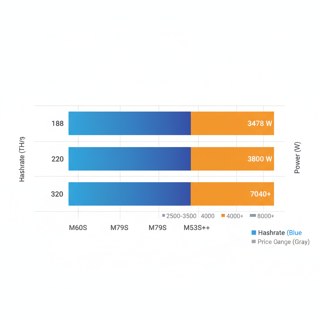 Horizontal bar chart comparing hashrate, power, and price of MicroBT WhatsMiner models M60S, M79S, M53S++