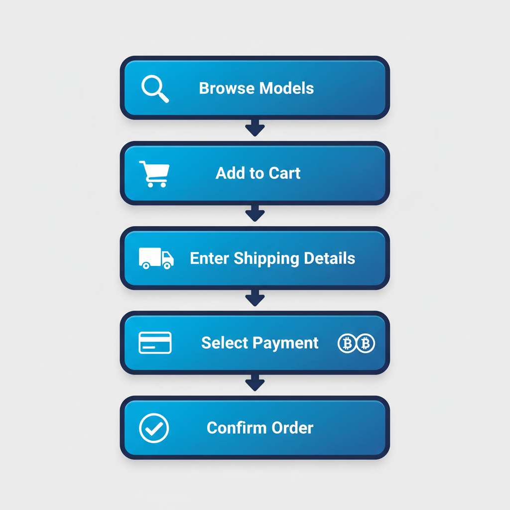 Vertical flowchart illustrating the five-step ordering process for WhatsMiner miners: browsing models, adding to cart, entering shipping details, selecting payment, confirming order.