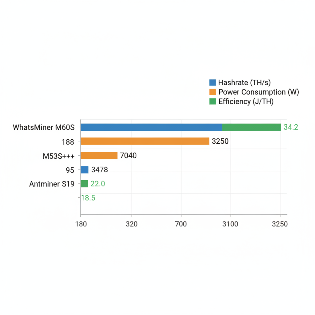 Horizontal bar chart comparing hashrate, power consumption, and efficiency of WhatsMiner models against Antminer S19 in Bitcoin mining hardware.